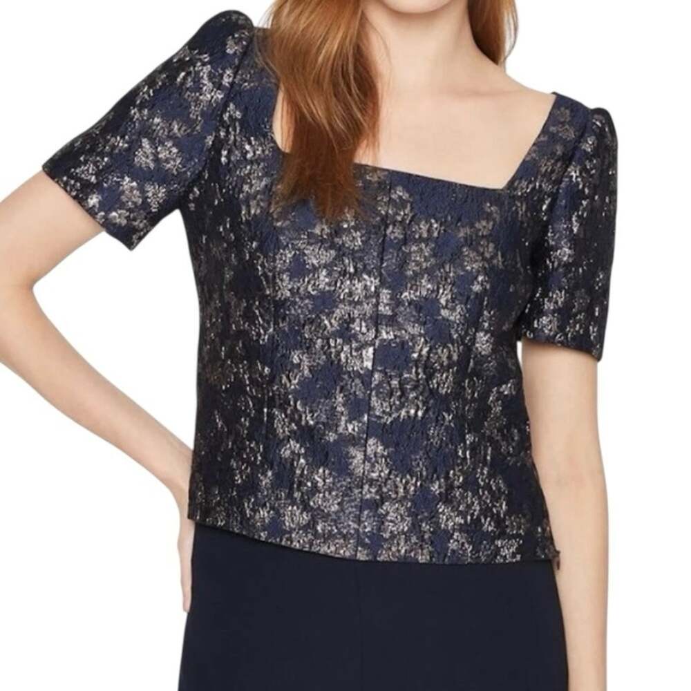 Club Monaco Metallic Brocade 12 Midnight Navy Puff Sleeve Cropped Blouse NWT